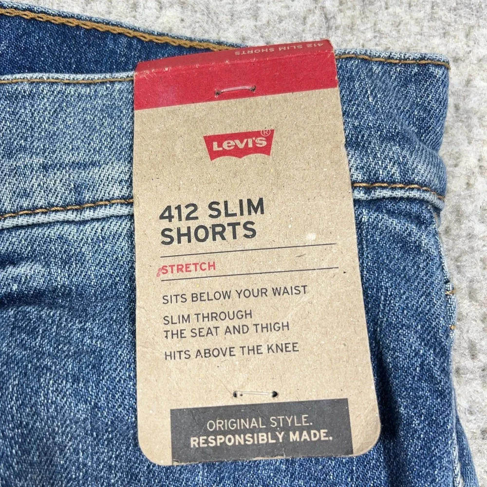 Levis 412 Shorts Men 36 Slim Fit Blue Jean Jorts Med Wash Faded Distressed Hole